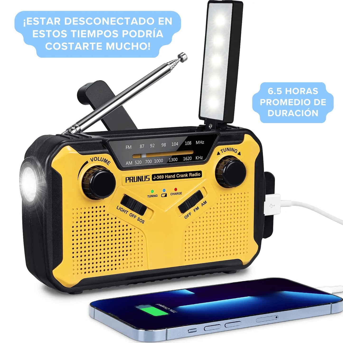 Prunus® Radio Recargable 🔋 Cargador Linterna Lámpara Portátil de Emergencia 4 Modos (Solar Manivela USB Batería)
