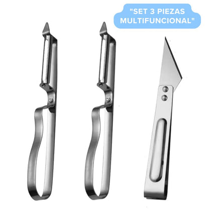 Set 3 Piezas Multifuncional (Pelador Descorazonador Cortador Removedor) Acero Inox
