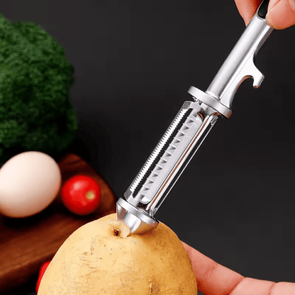 Pelador Rallador Descorazonador Destapador (4 en 1) de Frutas y Verduras Acero Inox