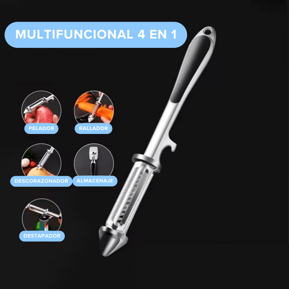 Pelador Rallador Descorazonador Destapador (4 en 1) de Frutas y Verduras Acero Inox