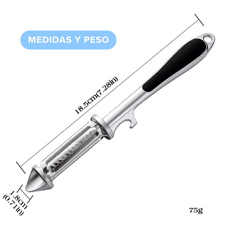 Pelador Rallador Descorazonador Destapador (4 en 1) de Frutas y Verduras Acero Inox