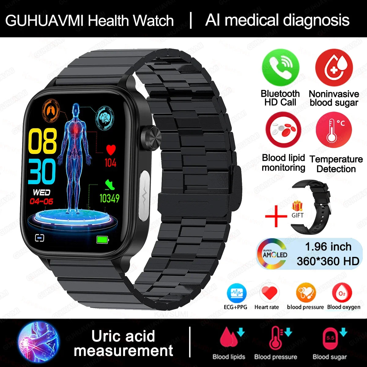 Smartwatch Unisex Monitor Salud (Glicemia, Corazón y más) Android IOS