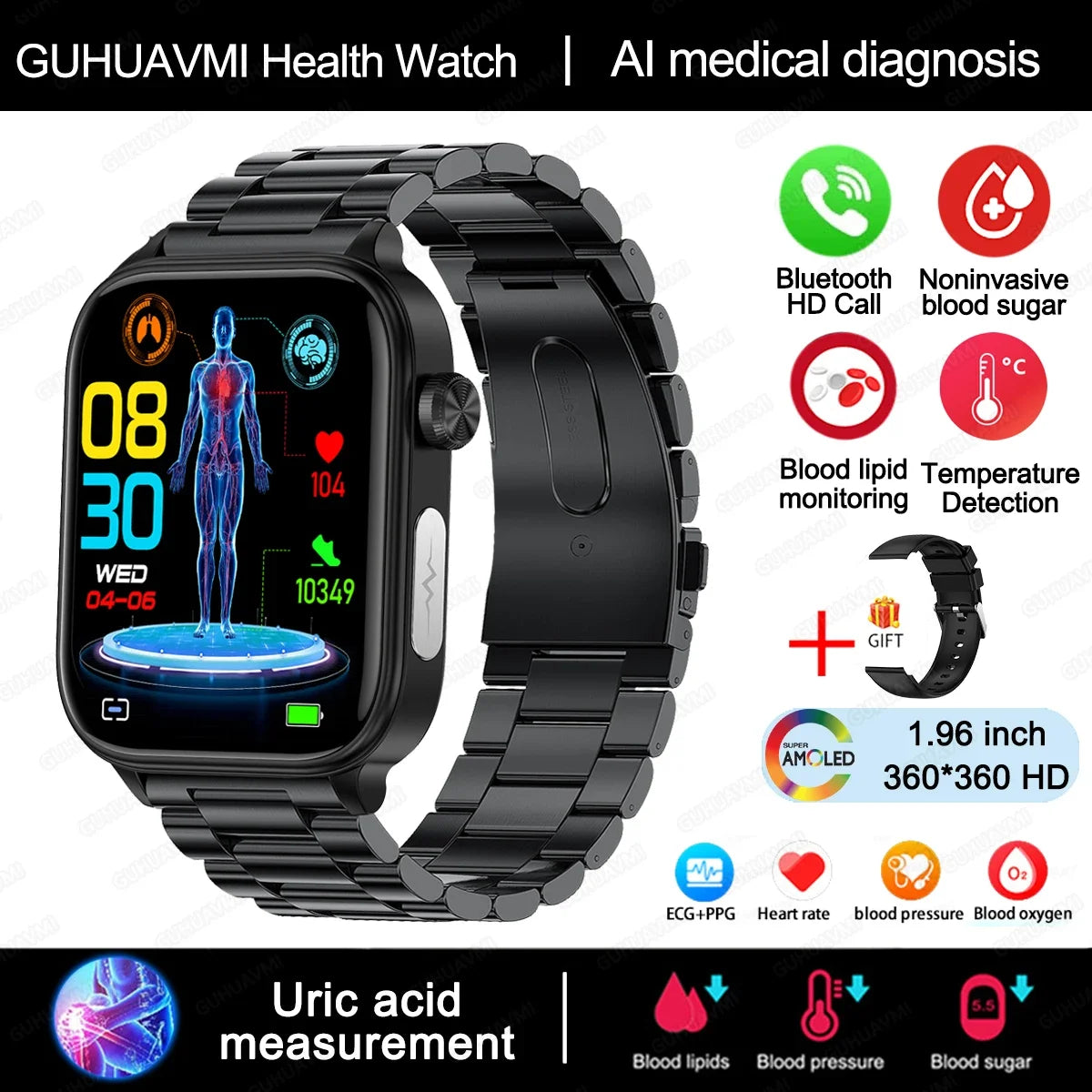 Smartwatch Unisex Monitor Salud (Glicemia, Corazón y más) Android IOS