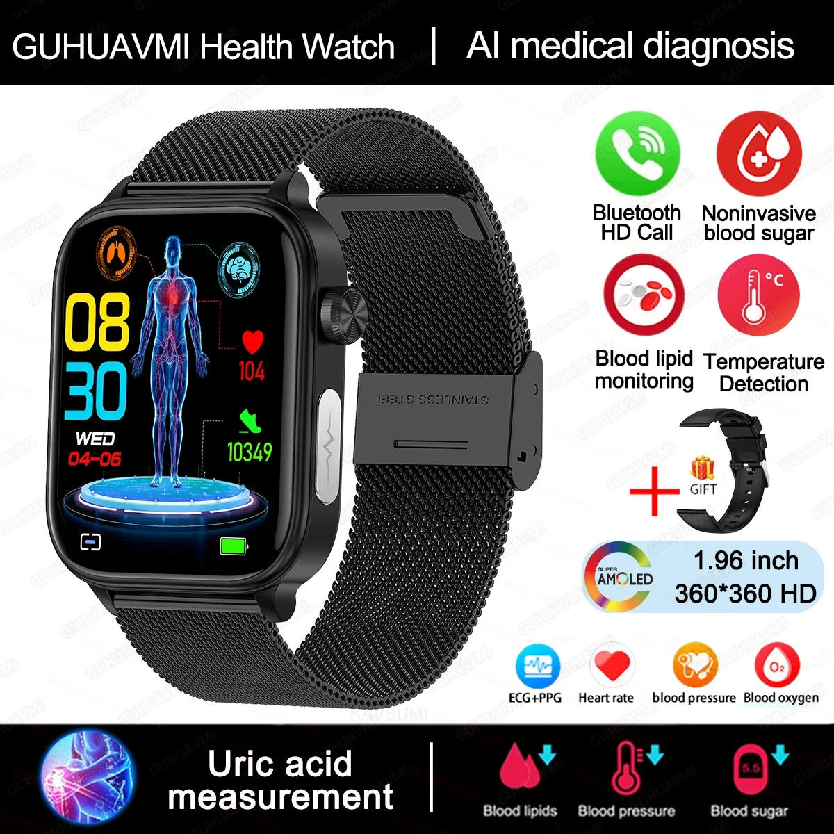 Smartwatch Unisex Monitor Salud (Glicemia, Corazón y más) Android IOS