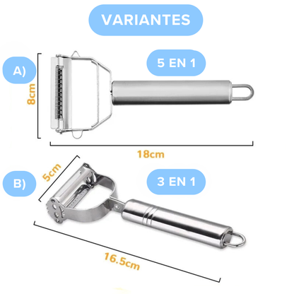 Pelador Multifuncional (Pela Ralla Descorazona Acanala Corta) Frutas y Verduras Doble Cabezal Acero Inox