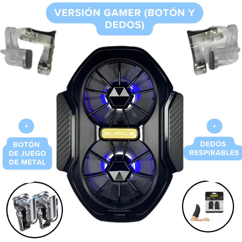 Enfriador Cooler Radiador Ventilador Doble Flujo Aire para Teléfono Gamer (Botón Gamer y Dedos) Recargable Enchufable